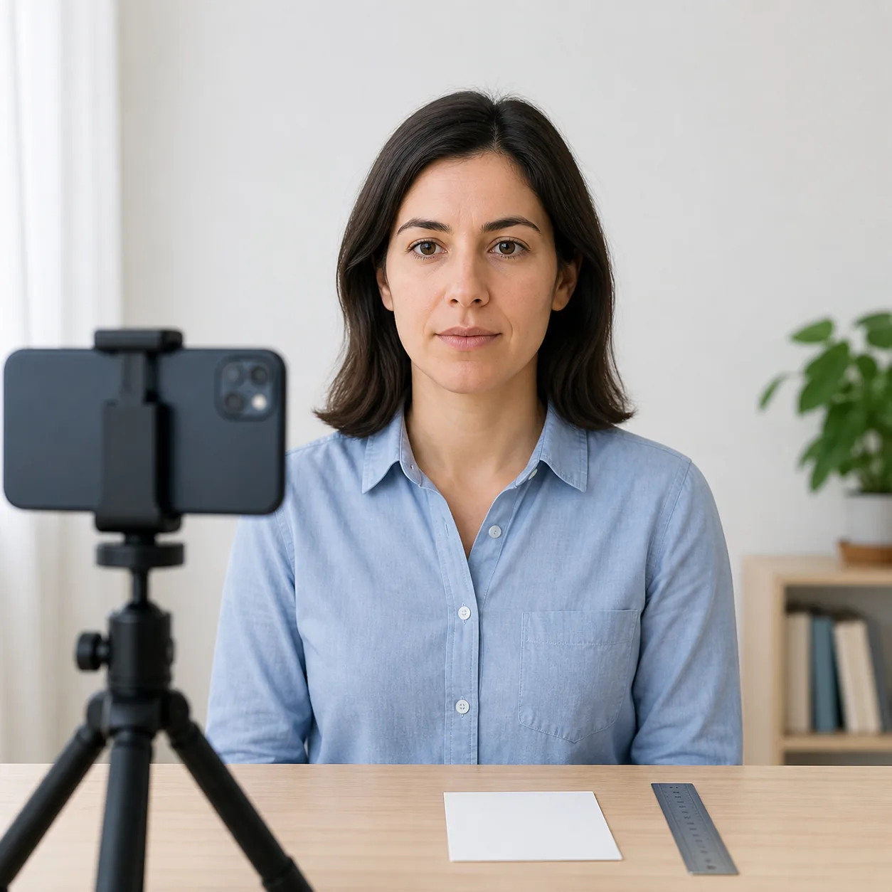 Persona preparando un retrato frontal para visa con un teléfono en un trípode y un fondo liso