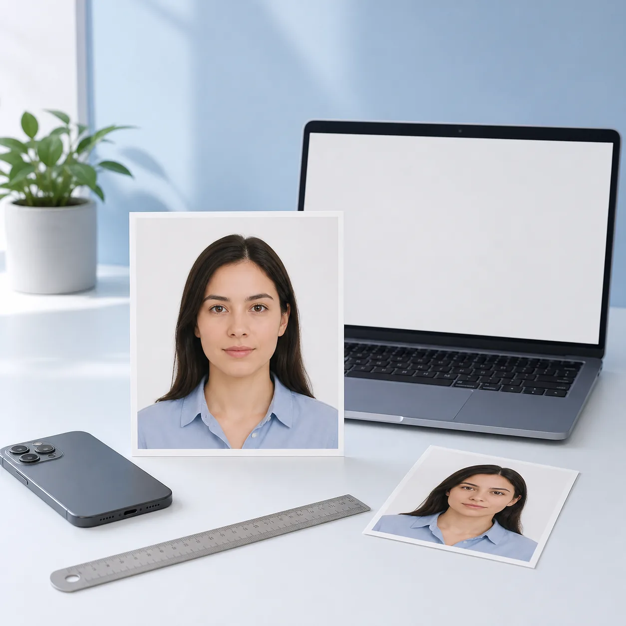 Foto cuadrada junto a una regla, un teléfono y una computadora para comprobar la preparación digital e impresa de una visa